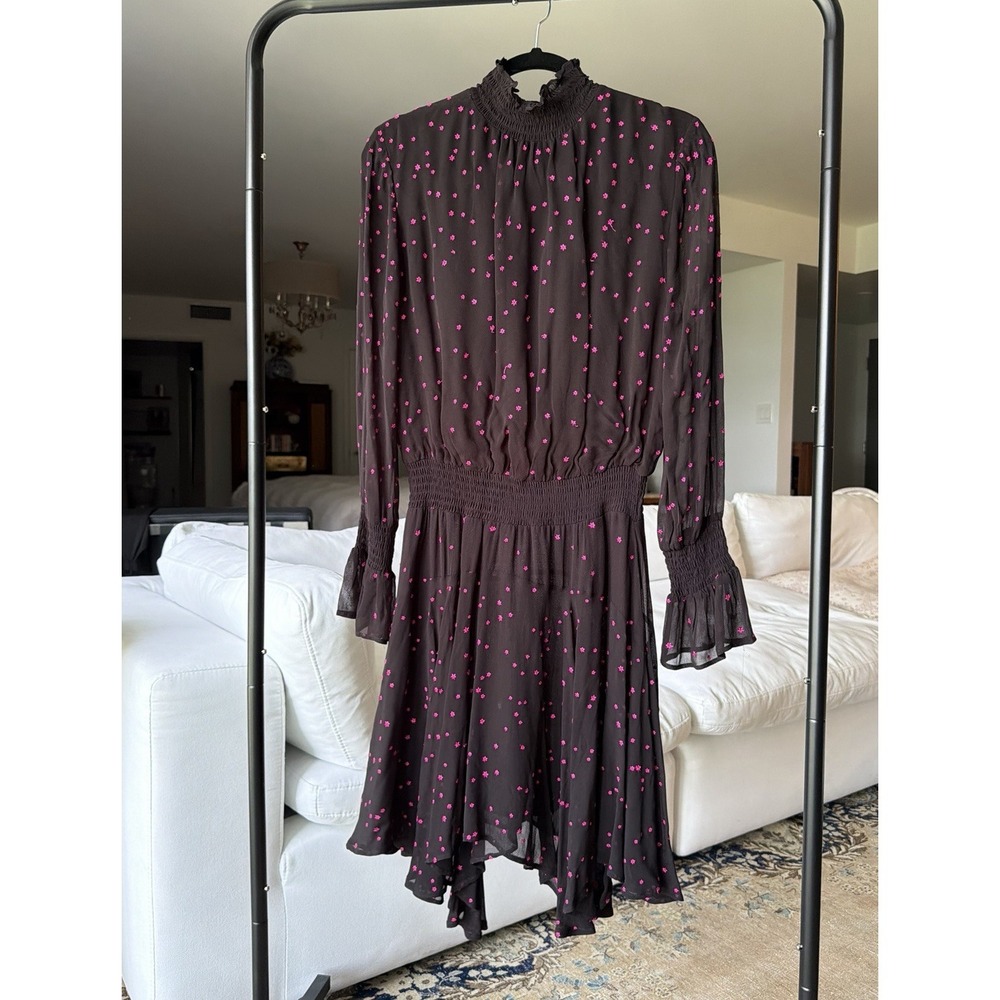 AllSaints Black Pink Floral Smocked High Neck Long Sleeve Midi Dress Sz 6